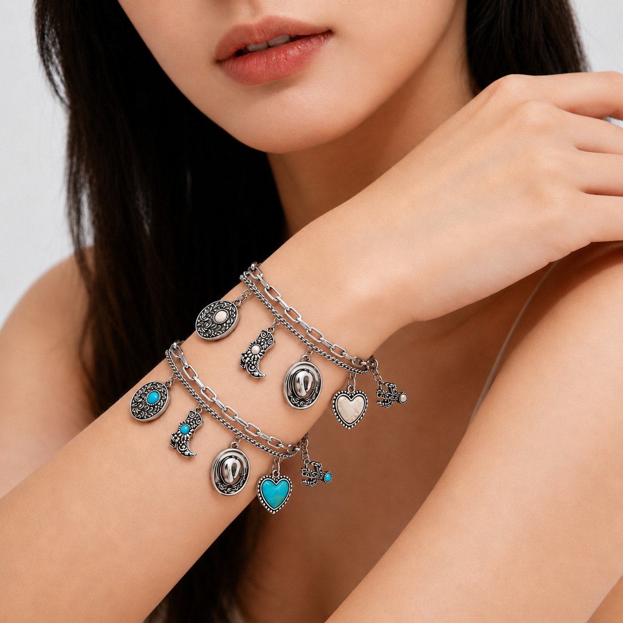 🏇🤠Western Cowgirl Charm Bracelet – Boot, Hat, Cactus & Heart Charms🌵