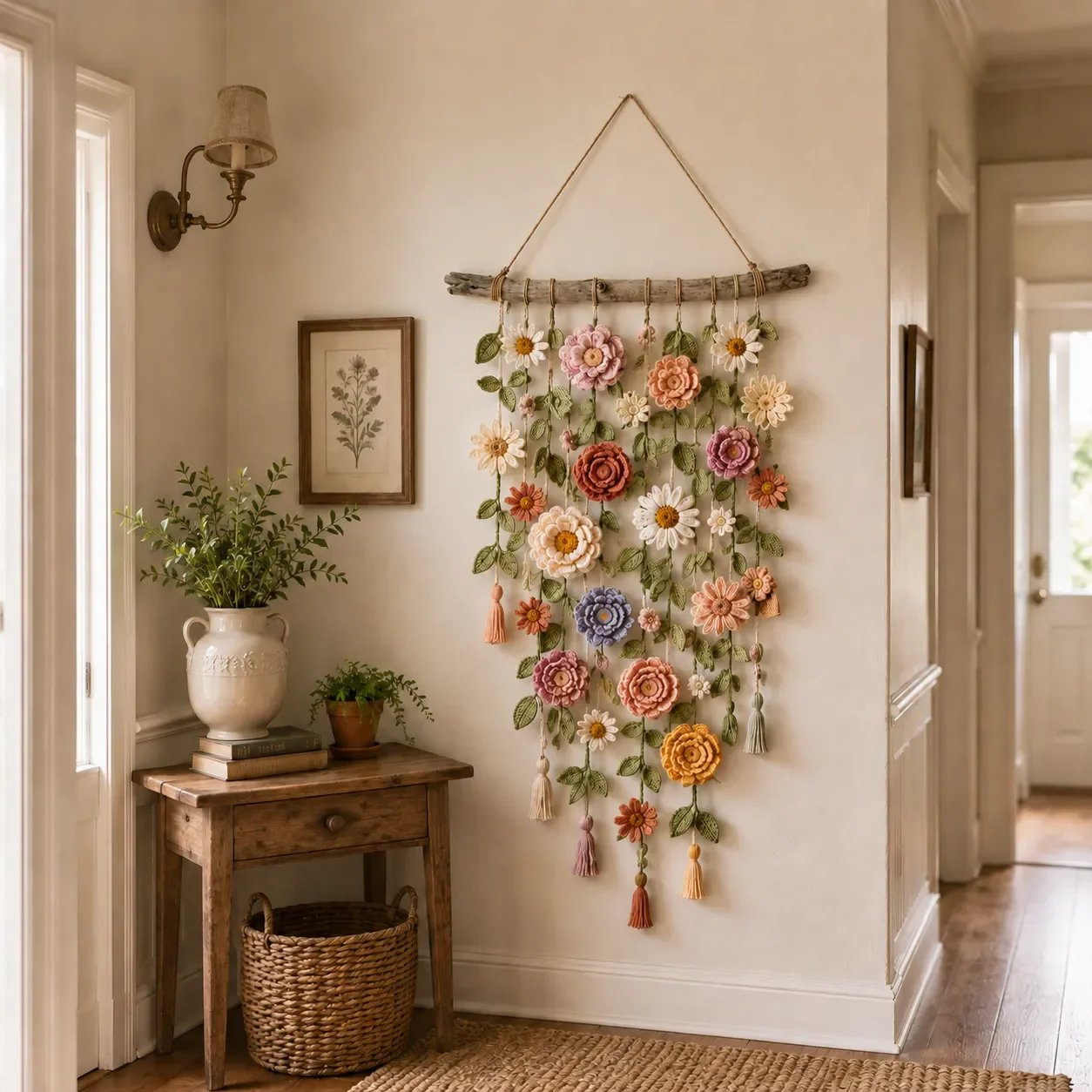 🌼🌿 Boho Crochet Floral Wall Hanging for Cozy Home Decor