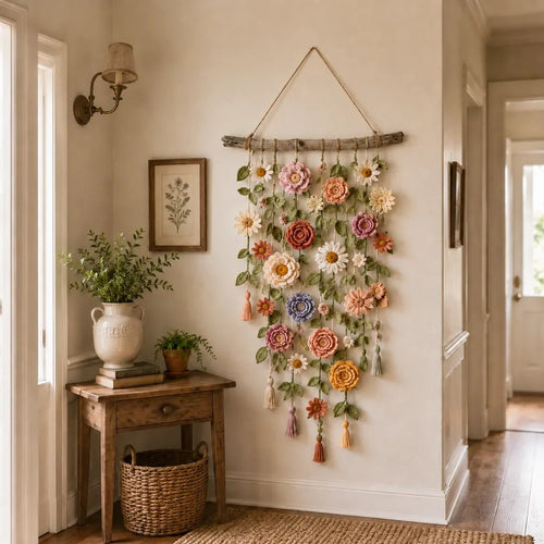 🌼🌿 Boho Crochet Floral Wall Hanging for Cozy Home Decor