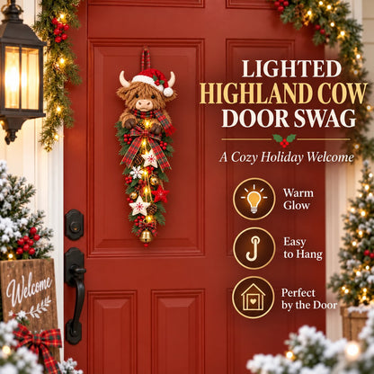 🎄 Lighted Highland Cow Christmas Door Swag(11.8in / 30cm) – A Cozy Holiday Welcome