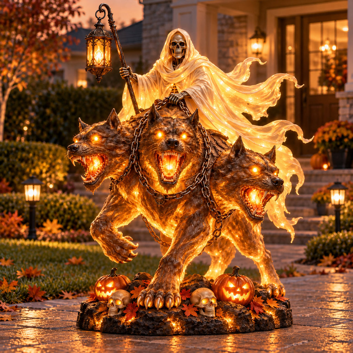 💀 Cerberus Grim Reaper Lighted Statue | Halloween Hellhound Guardian 🔥