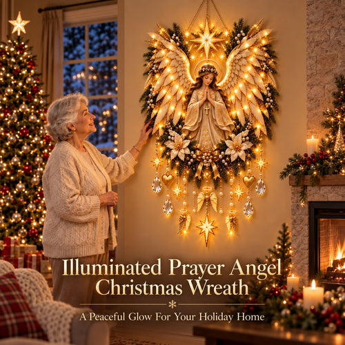 ✨👼 Illuminated Praying Angel Christmas Wreath – A Heavenly Holiday Welcome 🎄🙏