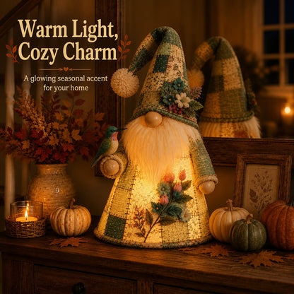 🐦✨ Patchwork Bird Gnome LED Light – Farmhouse Tabletop Decor for Mantels, Shelves & Holiday Display