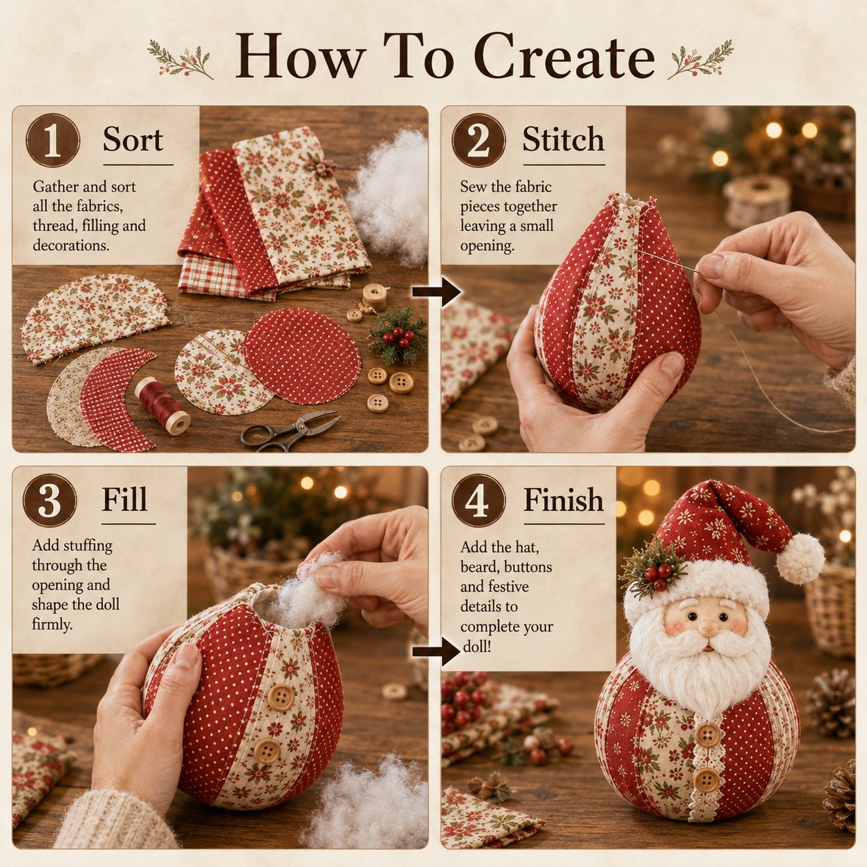 DIY Patchwork Christmas Character Doll Kit – Handmade Holiday Fabric Craft Decoration