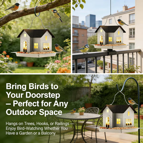 🚚Free Shipping🐦🌙Solar‑Powered Hanging Bird Feeder with Glow – Sturdy Metal Hopper Design