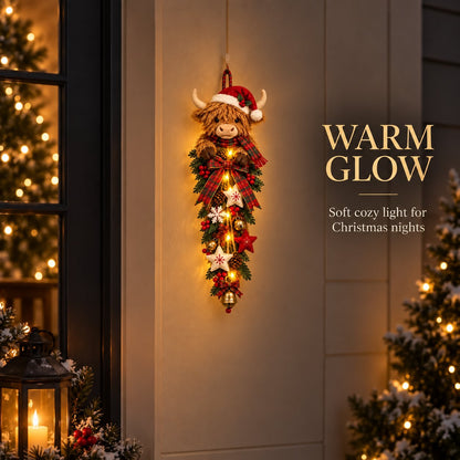 🎄 Lighted Highland Cow Christmas Door Swag(11.8in / 30cm) – A Cozy Holiday Welcome