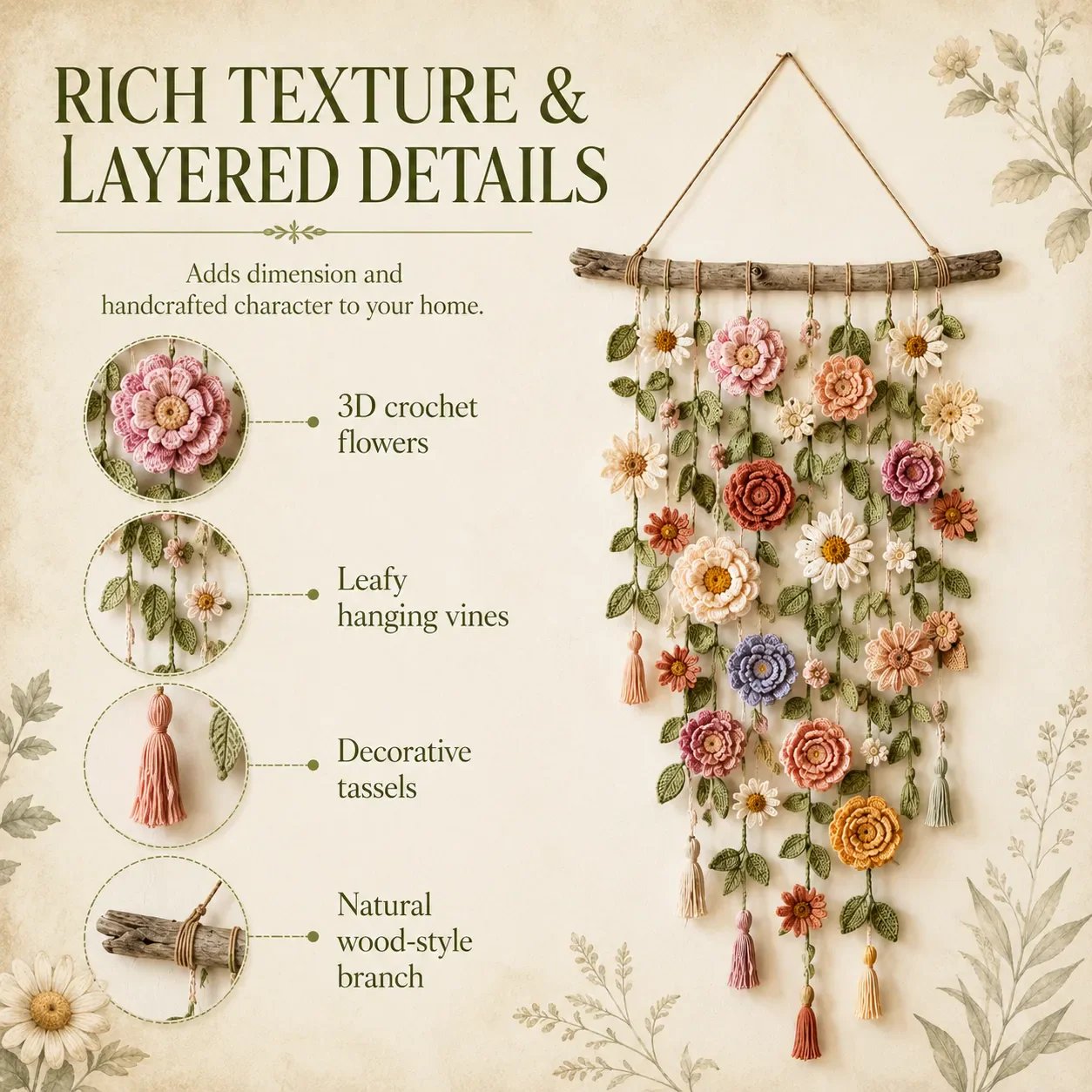 🌼🌿 Boho Crochet Floral Wall Hanging for Cozy Home Decor