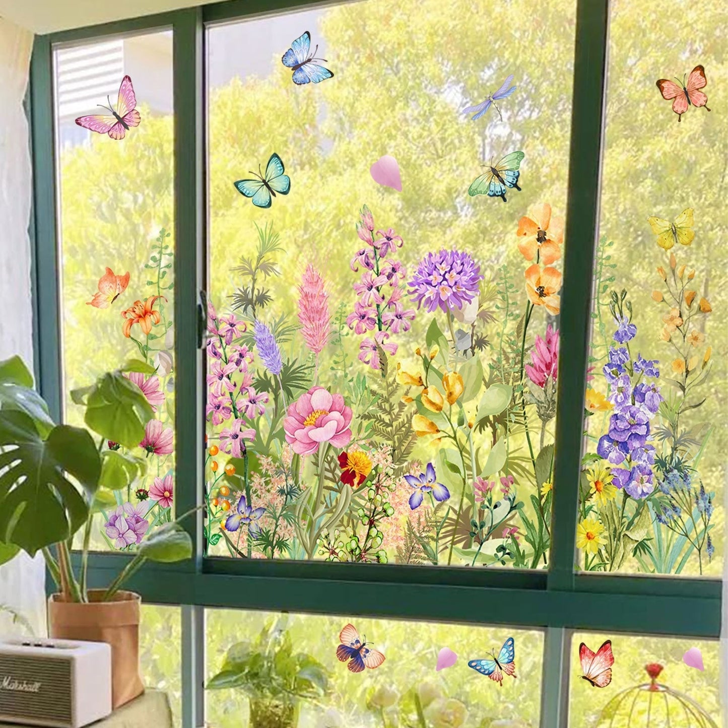 💐🖼️Colorful Floral Bouquet Window Cling - Double-Sided Printed Static Sticker for Home Decor