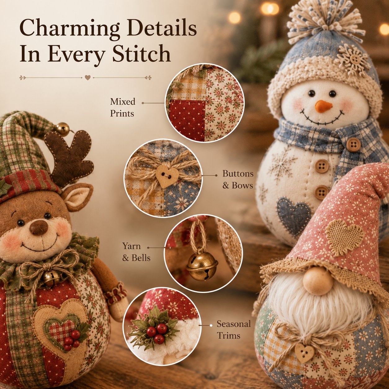 DIY Patchwork Christmas Character Doll Kit – Handmade Holiday Fabric Craft Decoration