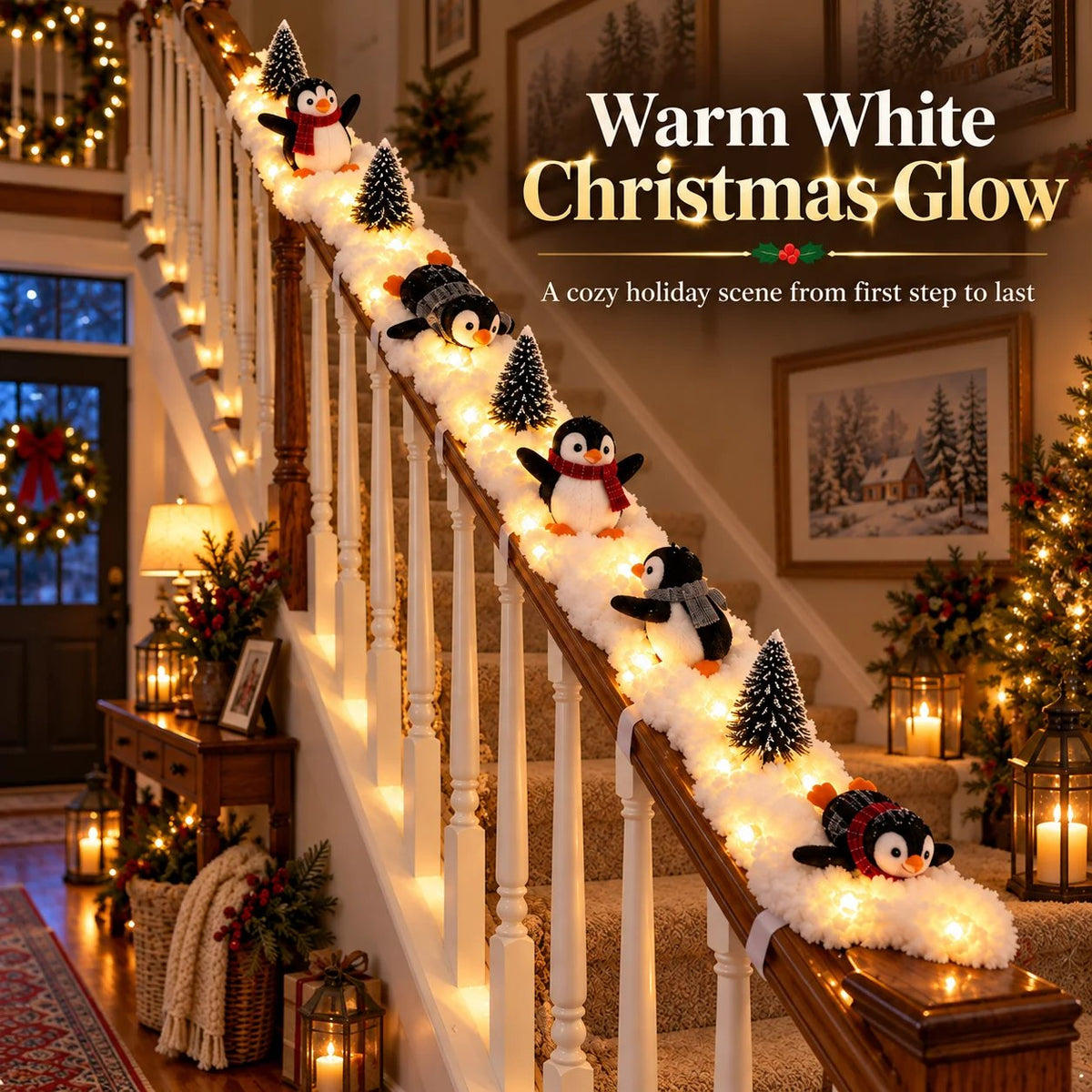 🐧 Playful Penguin Christmas Stair Railing Decor | ❄️ Fluffy Snow Texture & ✨ Warm LED Glow Light
