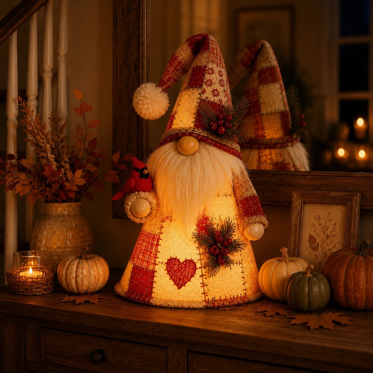 🐦✨ Patchwork Bird Gnome LED Light – Farmhouse Tabletop Decor for Mantels, Shelves & Holiday Display