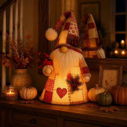 🐦✨ Patchwork Bird Gnome LED Light – Farmhouse Tabletop Decor for Mantels, Shelves & Holiday Display