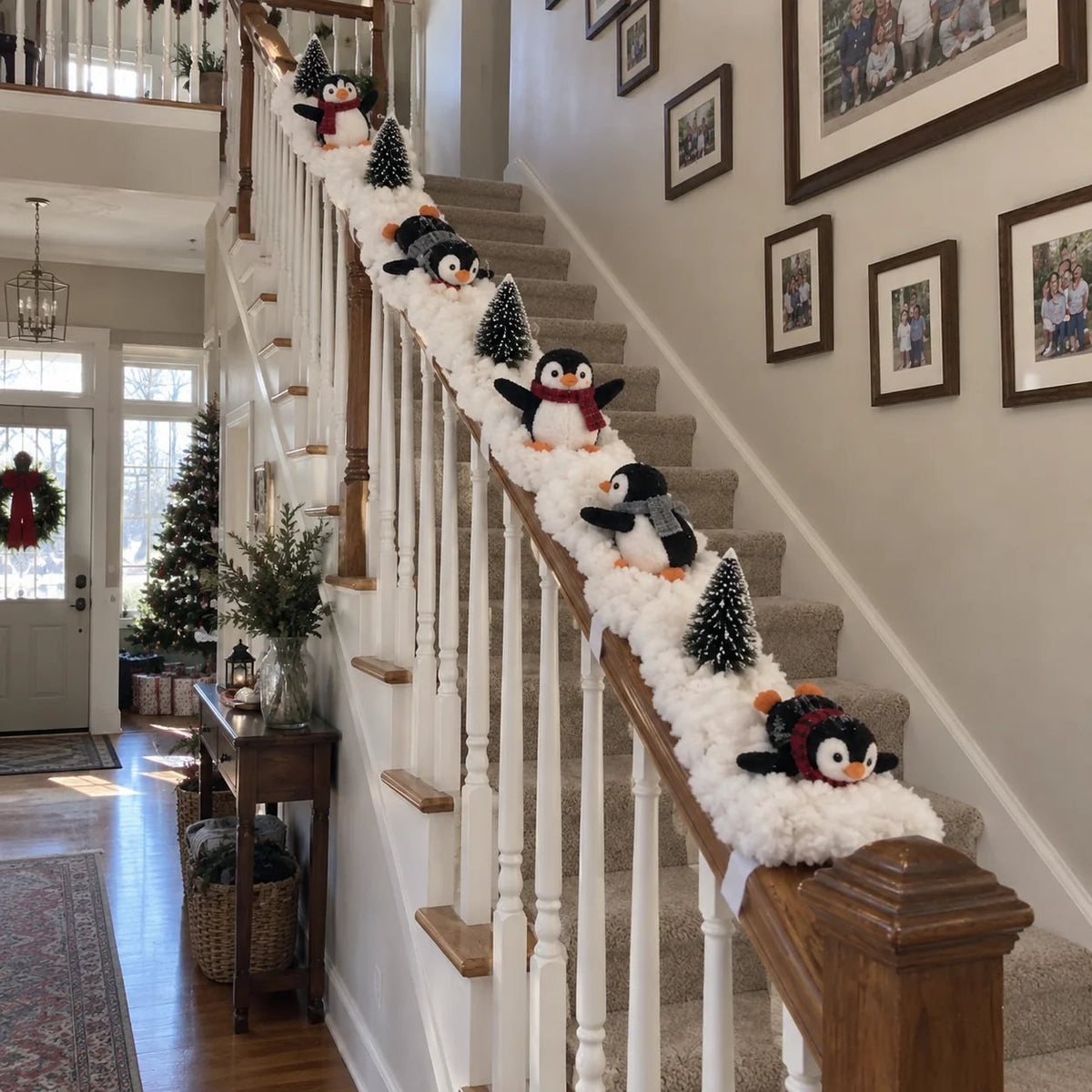 🐧 Playful Penguin Christmas Stair Railing Decor | ❄️ Fluffy Snow Texture & ✨ Warm LED Glow Light