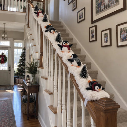 🐧 Playful Penguin Christmas Stair Railing Decor | ❄️ Fluffy Snow Texture & ✨ Warm LED Glow Light
