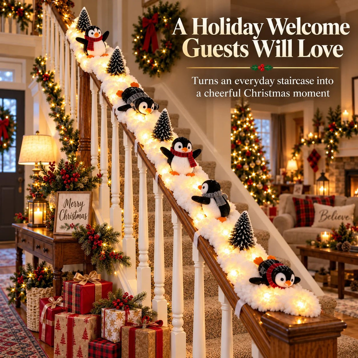 🐧 Playful Penguin Christmas Stair Railing Decor | ❄️ Fluffy Snow Texture & ✨ Warm LED Glow Light