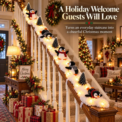 🐧 Playful Penguin Christmas Stair Railing Decor | ❄️ Fluffy Snow Texture & ✨ Warm LED Glow Light