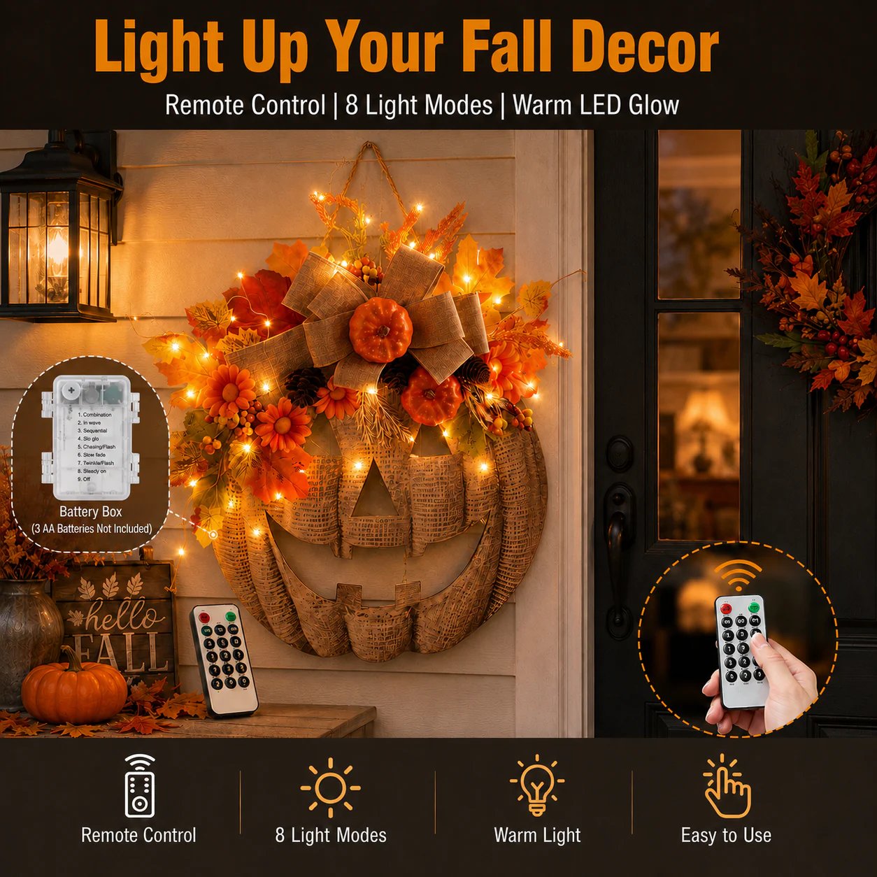 🔥LAST DAY 49% OFF🎃✨Rustic Lighted Burlap Pumpkin Wreath