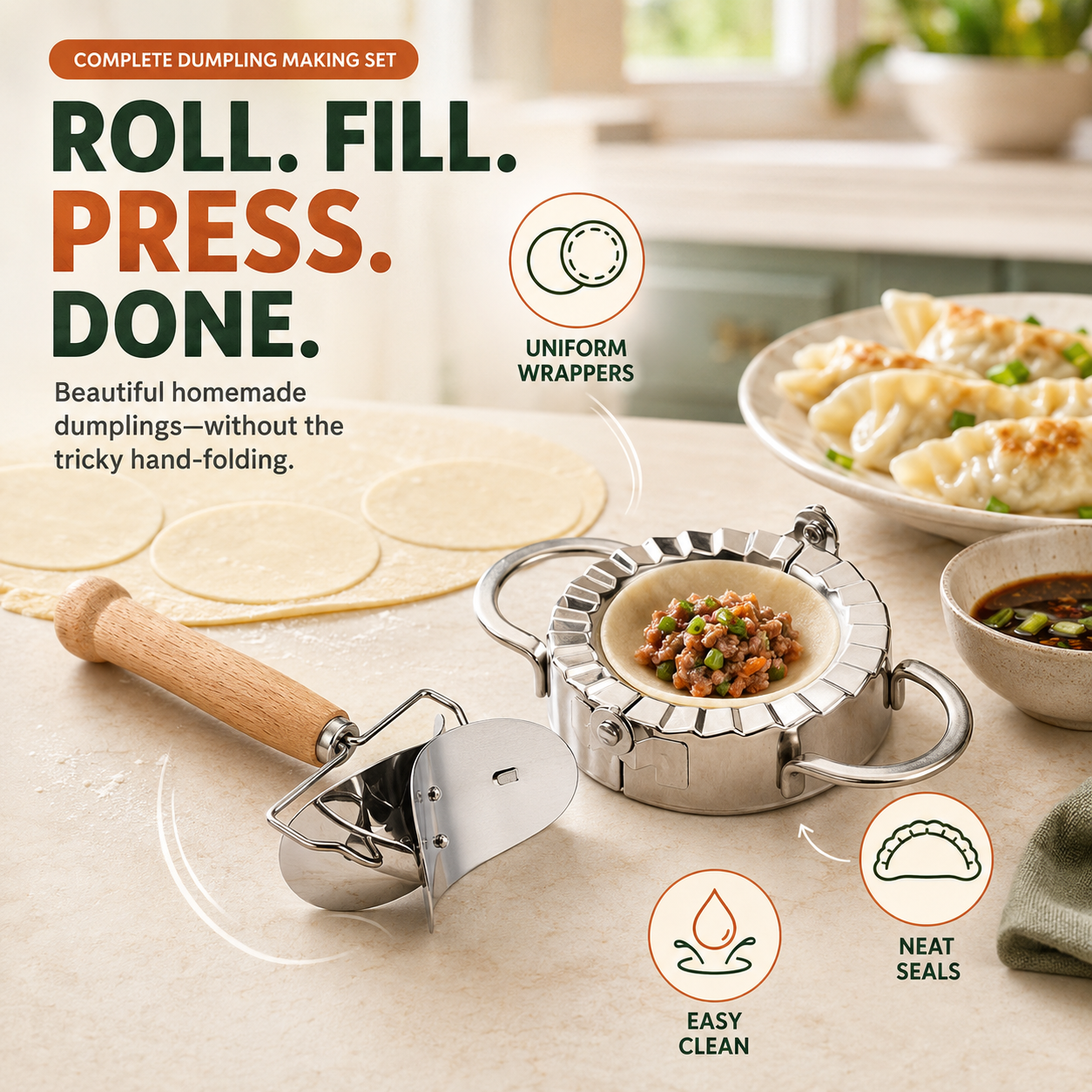🥟Easy Dumpling Maker & Dough Cutter Set – Roll, Fill, Press & Seal Homemade Dumplings