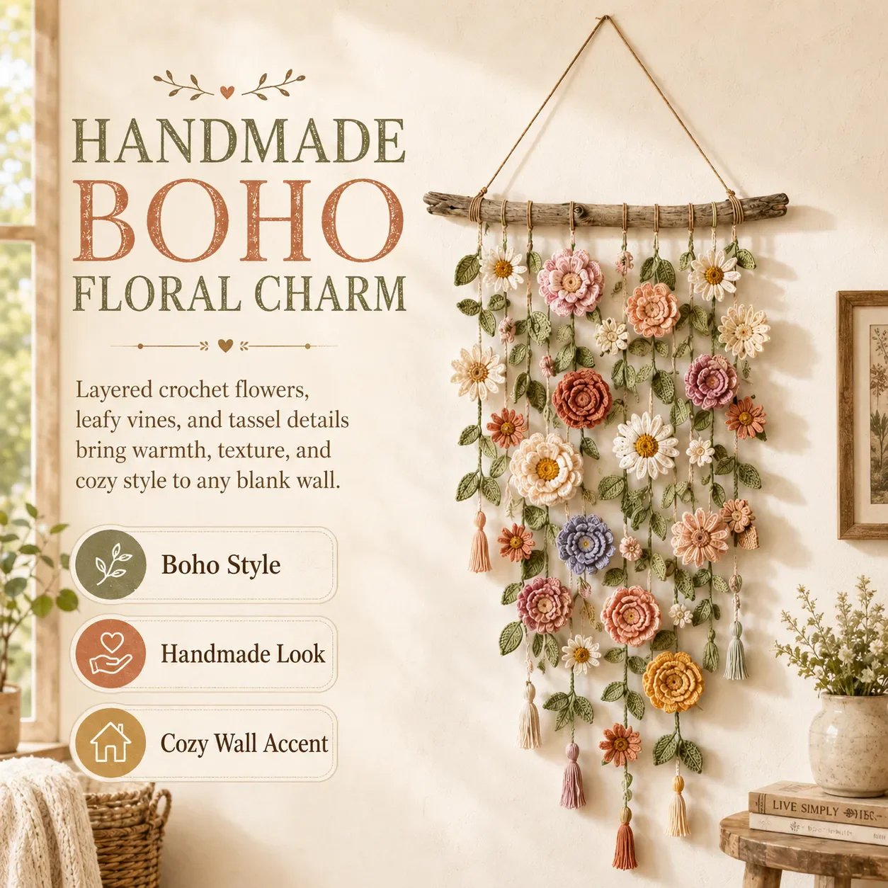 🌼🌿 Boho Crochet Floral Wall Hanging for Cozy Home Decor