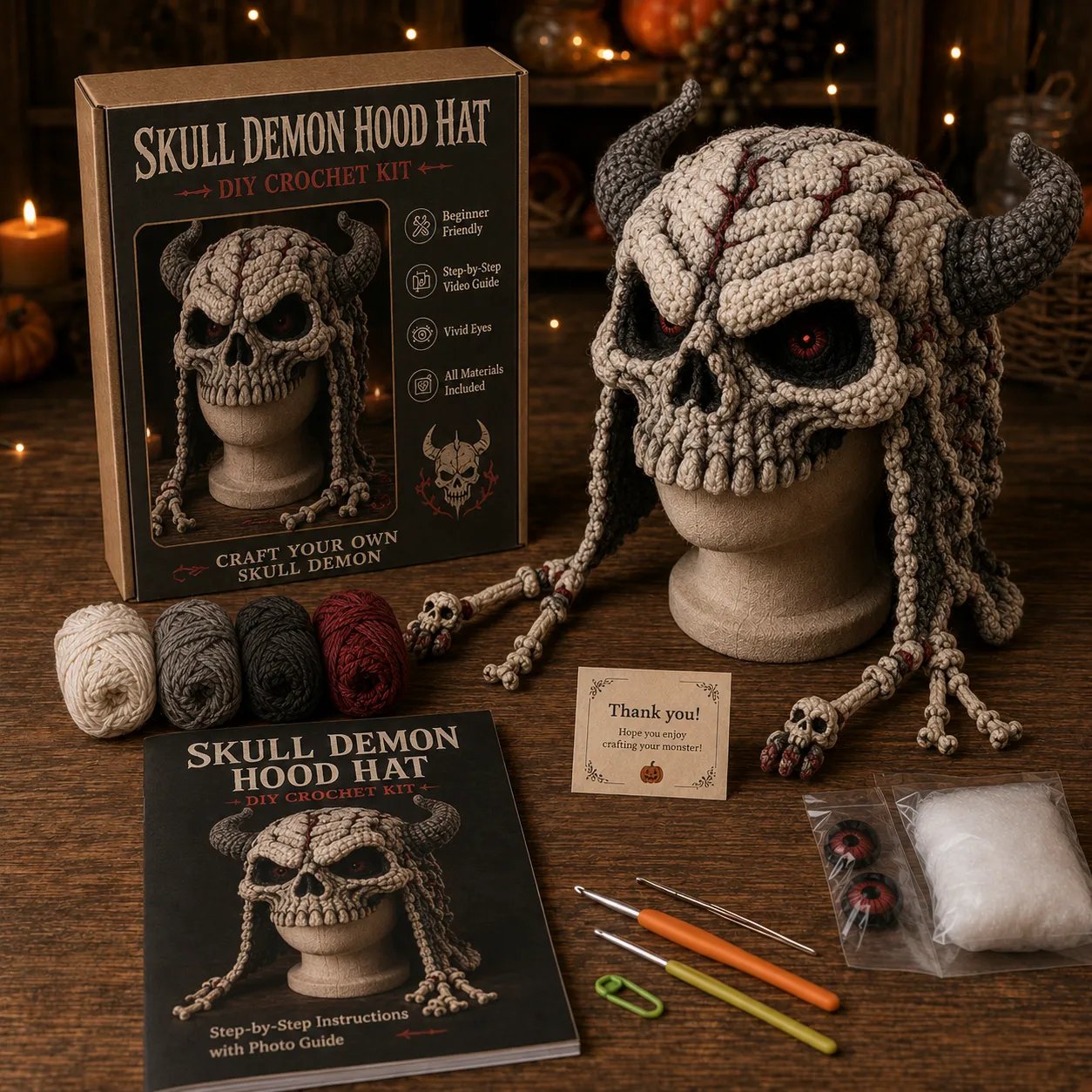 🎃 DIY Halloween Monster Hood Crochet Kit – Soft Yarn Craft Set with Step-by-Step Guide