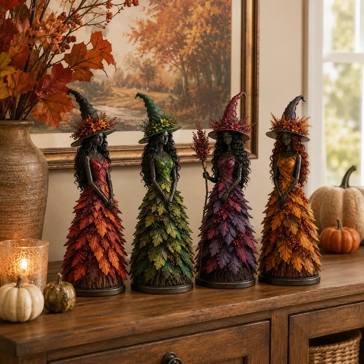 🍂🍁 Mystical Autumn Witch Statue for Fall & Halloween Decor