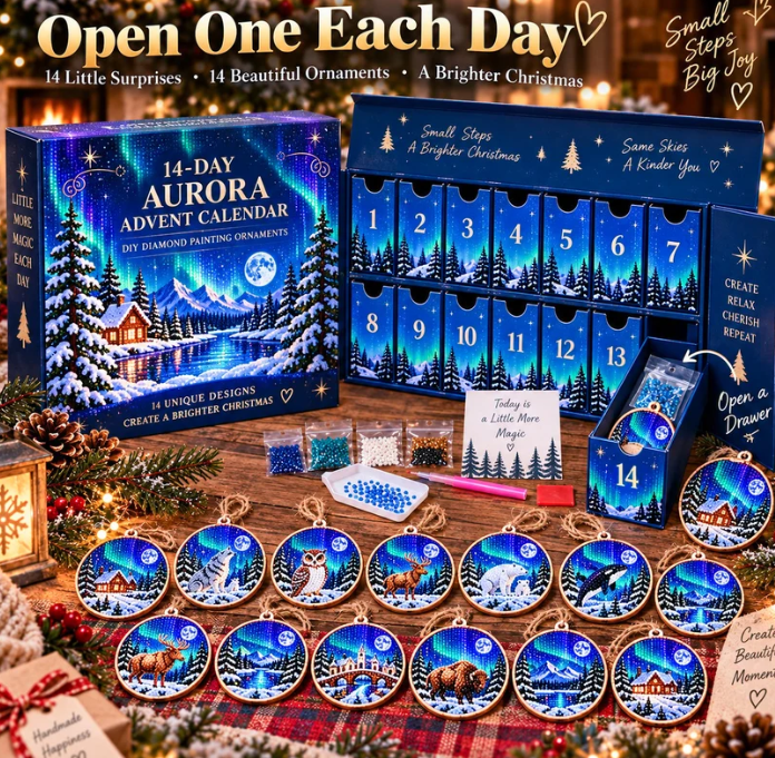 🌌 14-Day Aurora Diamond Painting Advent Calendar – DIY Wooden Christmas Ornament Kit
