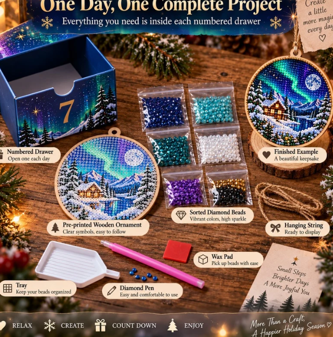 🌌 14-Day Aurora Diamond Painting Advent Calendar – DIY Wooden Christmas Ornament Kit
