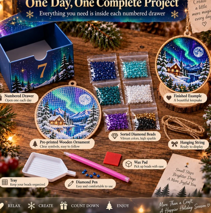 🌌 14-Day Aurora Diamond Painting Advent Calendar – DIY Wooden Christmas Ornament Kit