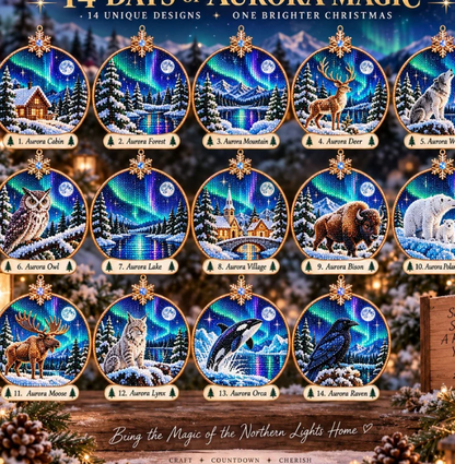 🌌 14-Day Aurora Diamond Painting Advent Calendar – DIY Wooden Christmas Ornament Kit